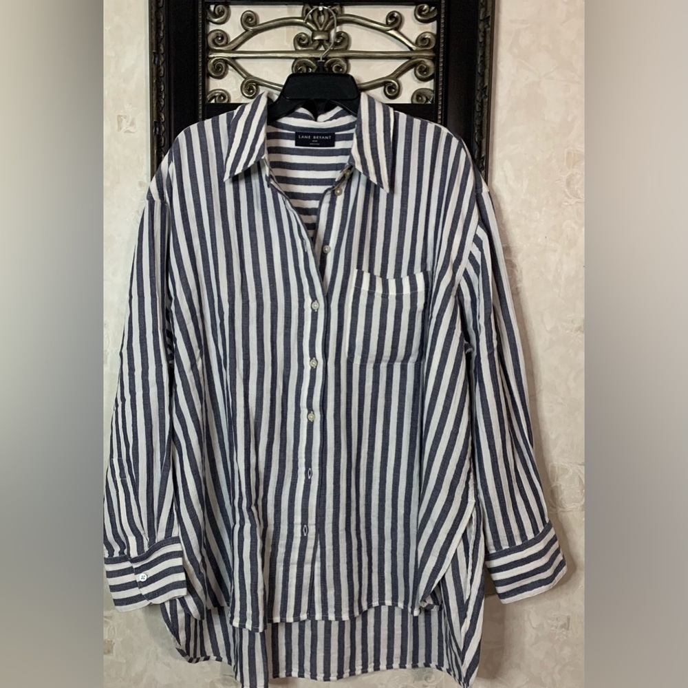 Faded Navy striped plus size blouse
